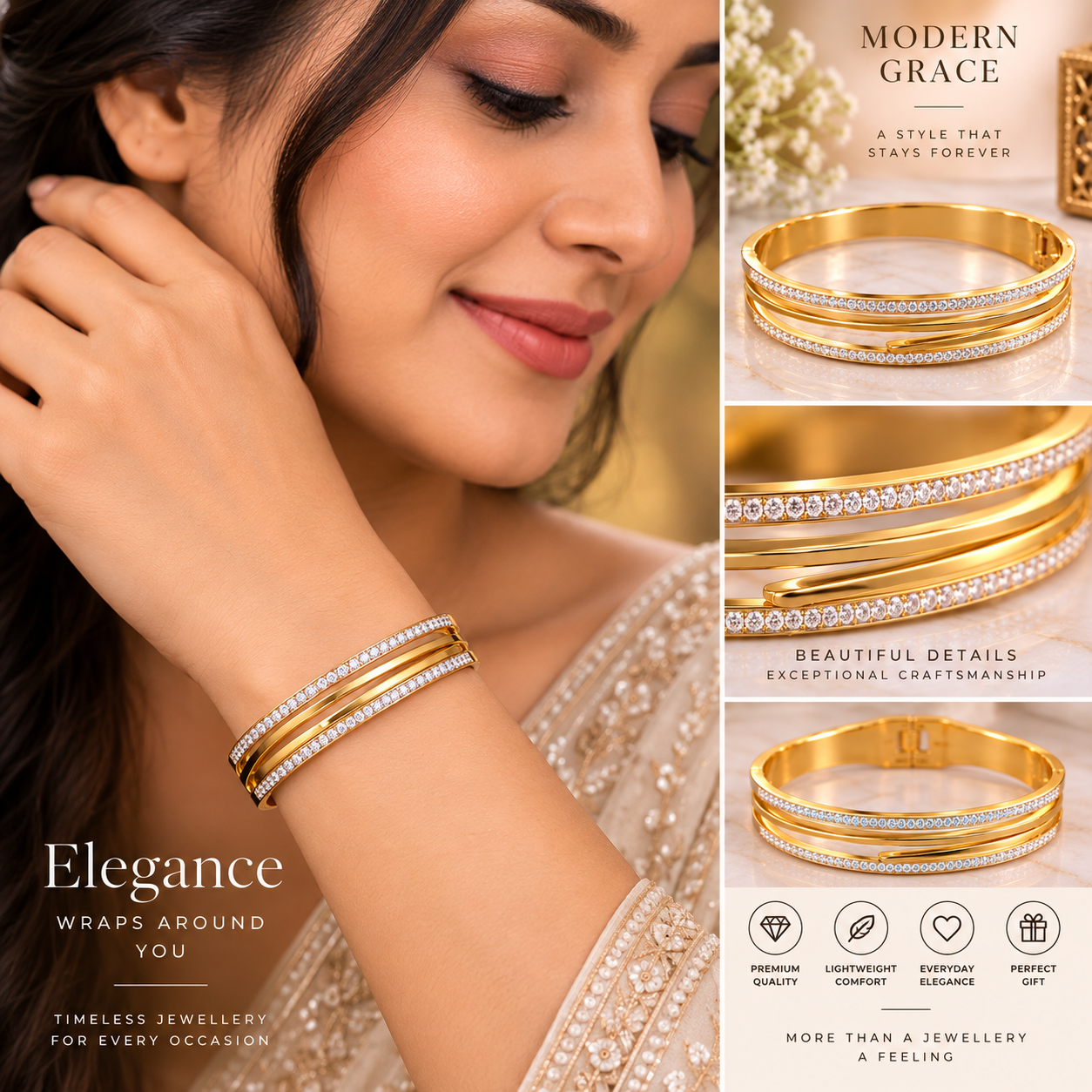 Golden Double-Line Crystal Bangle Bracelet